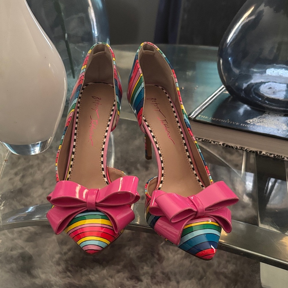 Betsey Johnson Rainbow Striped Heels with Pink Bow